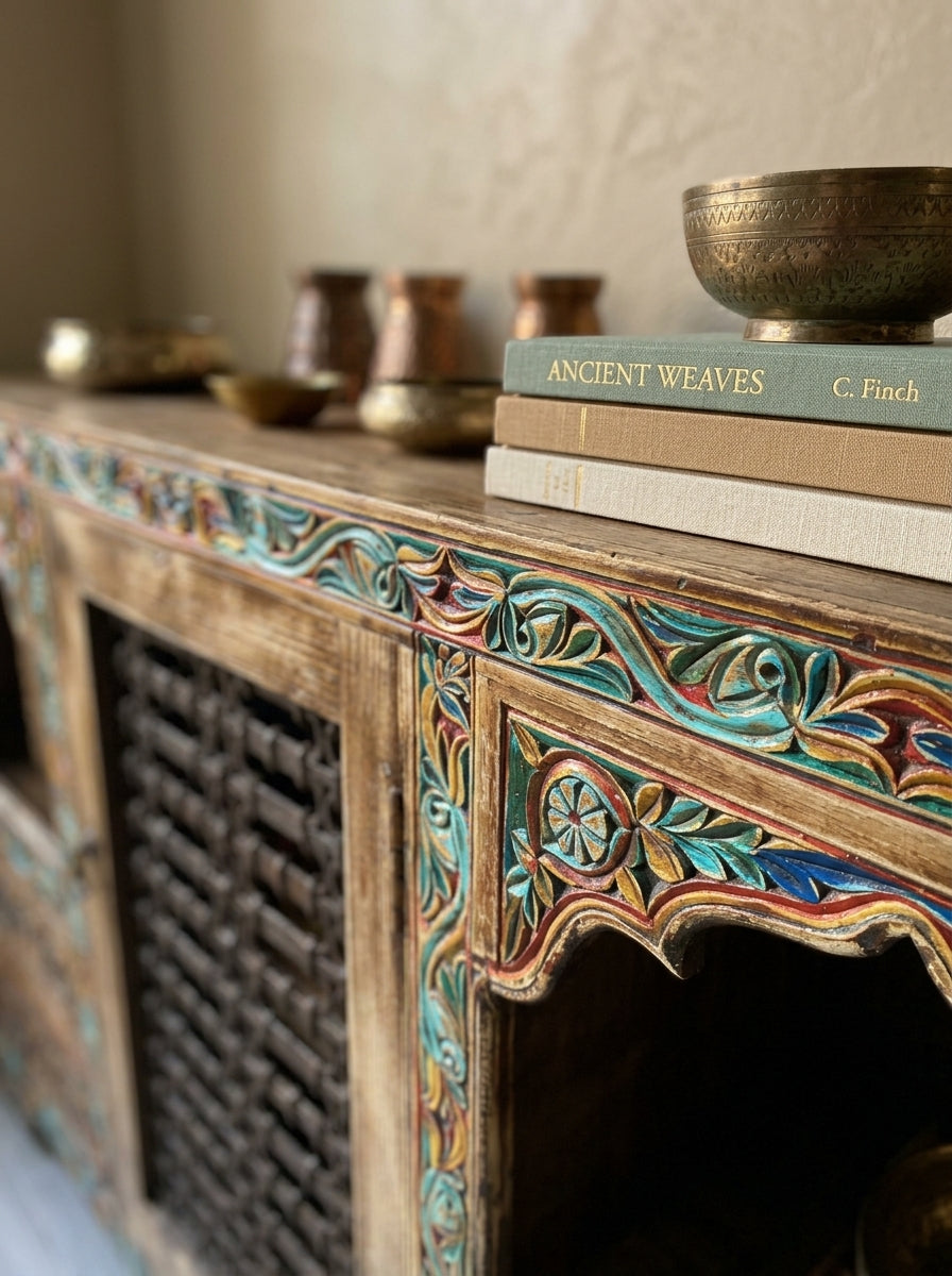 Hand-Carved Wooden Jharokha Sideboard Swati Art Door Accent Cabinet