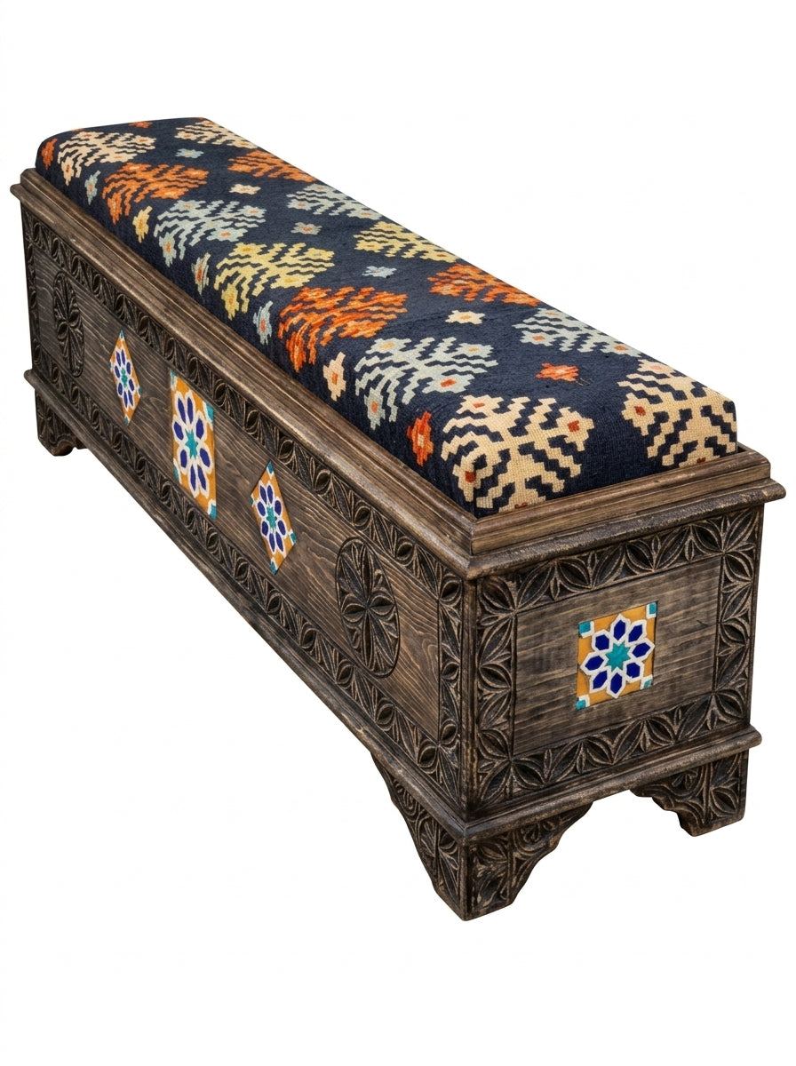 Hand-Carved Wooden Storage Bench with Mosaic Tile Swati Art Ottoman