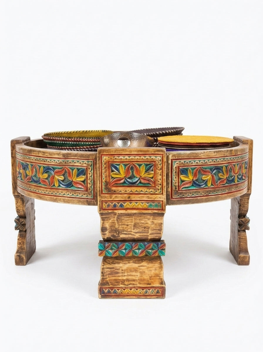 Handcrafted Boho Coffee Table - Vintage Round Wooden Low Profile Centerpiece