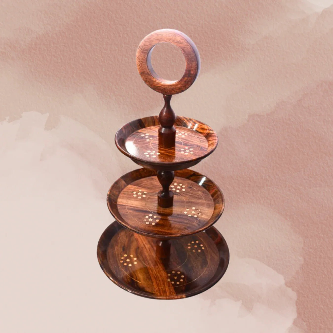 Wooden 3 Tier Round Serving Station - with Brass Engraving - Woodistan