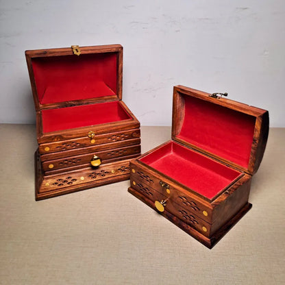 Set of 2 Hand-Carved Shesham Wood Jewelry Boxes - 9x12" and 7x10" - Woodistan