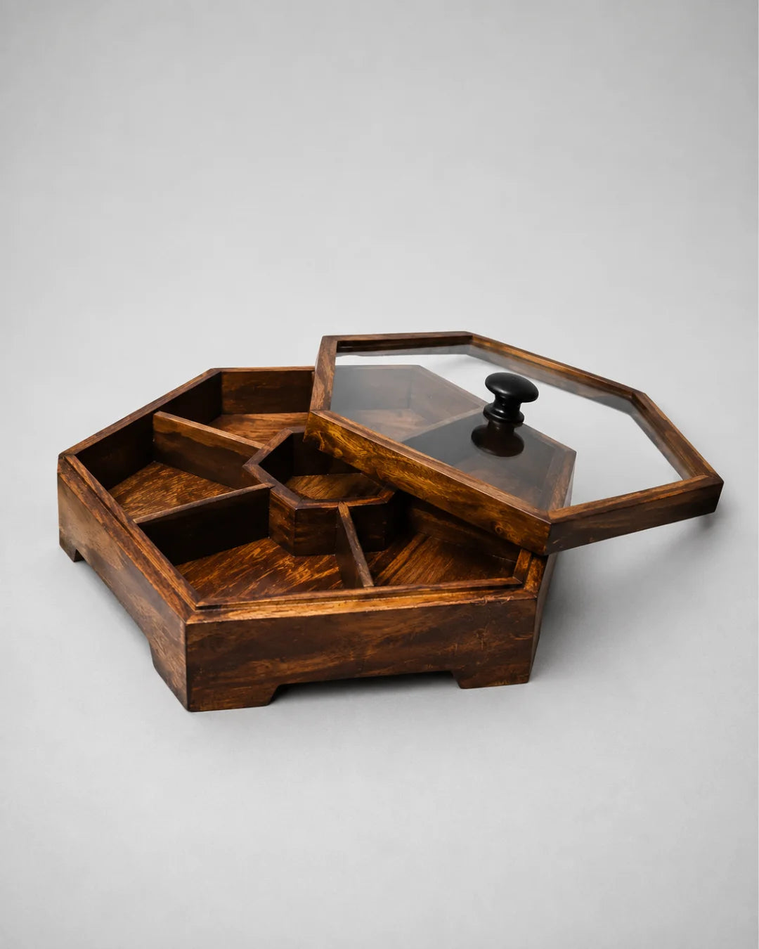 Handcrafted Wooden Dry Fruit Box with Glass Lid with 7 Compartments