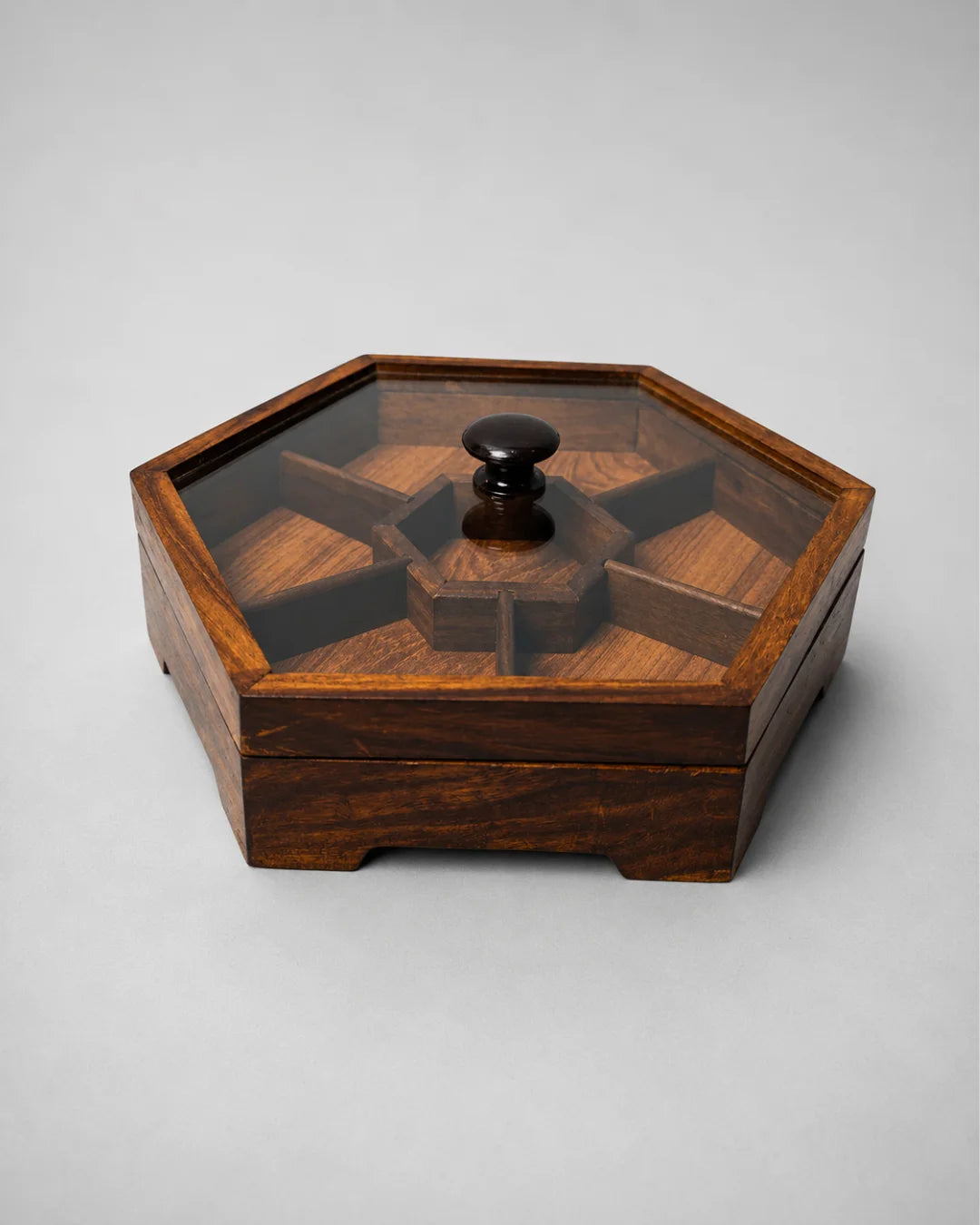 Handcrafted Wooden Dry Fruit Box with Glass Lid with 7 Compartments