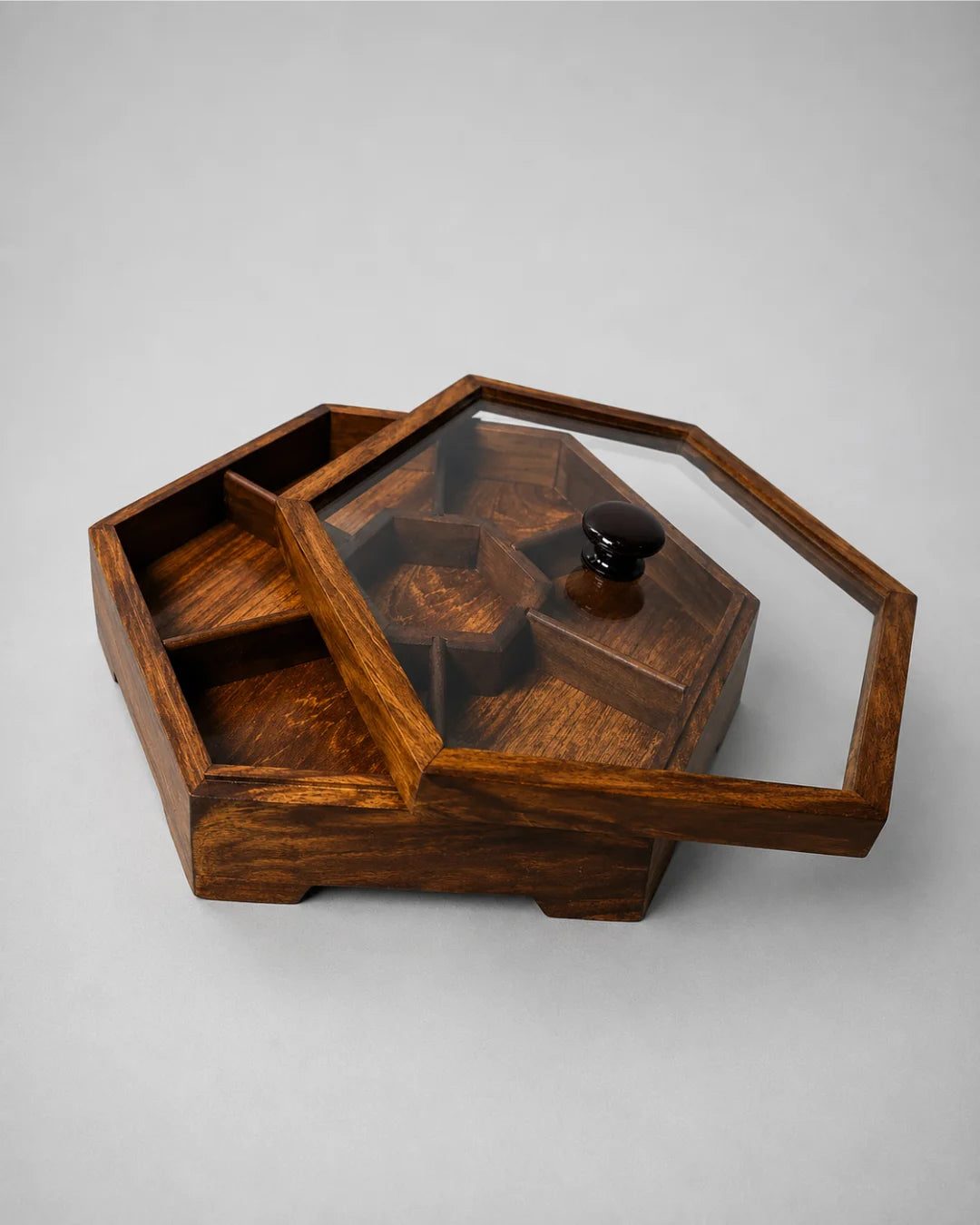 Handcrafted Wooden Dry Fruit Box with Glass Lid with 7 Compartments