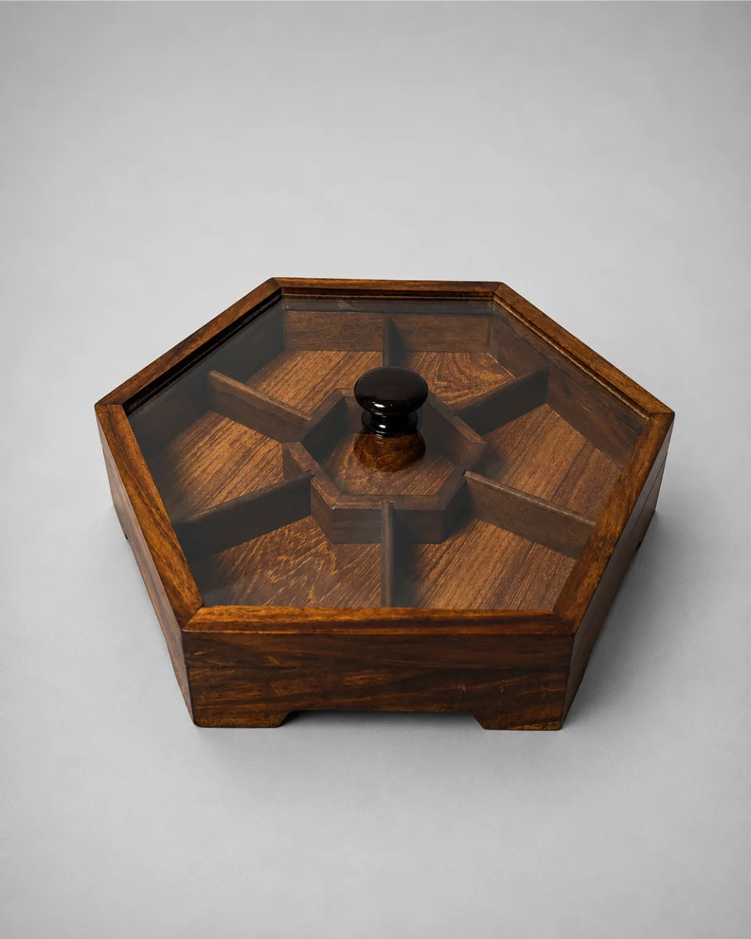 Handcrafted Wooden Dry Fruit Box with Glass Lid with 7 Compartments