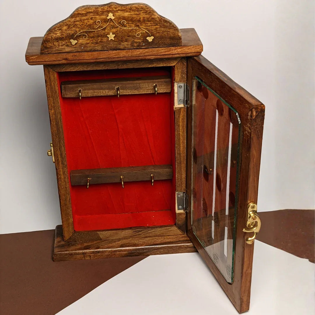 Handmade Wooden Wall Mounted Key Box with Glass Panel and 6 Key Hooks - Woodistan
