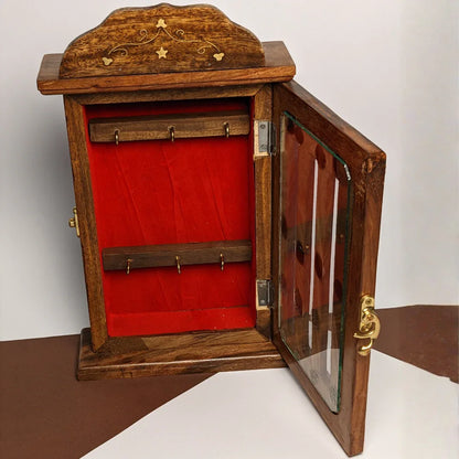 Handmade Wooden Wall Mounted Key Box with Glass Panel and 6 Key Hooks - Woodistan