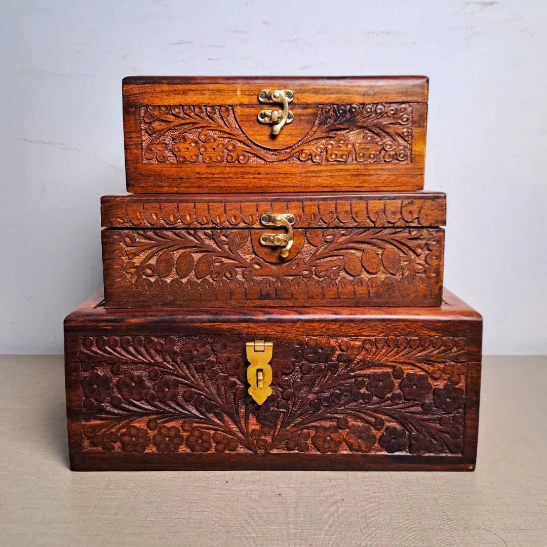 Set of 3 Hand Carved Wooden Jewelry Boxes - 6x9", 7x10", and 8x12" - Woodistan