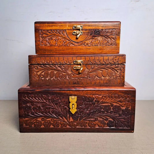 Set of 3 Hand Carved Wooden Jewelry Boxes - 6x9", 7x10", and 8x12" - Woodistan