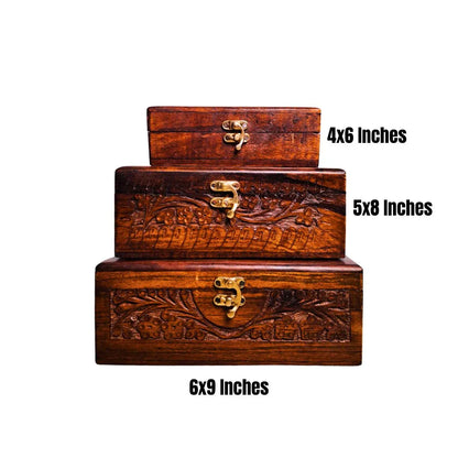 Set of 3 Hand Carved Wooden Jewelry Boxes - 6x9", 7x10", and 8x12" - Woodistan