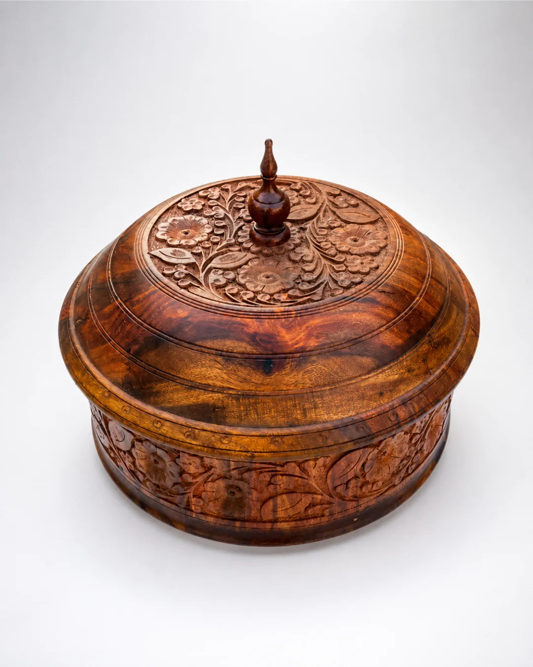 Rustic Handcrafted Wooden Hotpot — Hand-Carved Sheesham with Stainless Steel Inner Bowl
