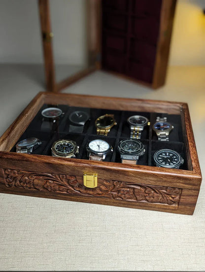 Wooden Watch Box with Glass Lid & Carving Art - Organizer for 10 Watches