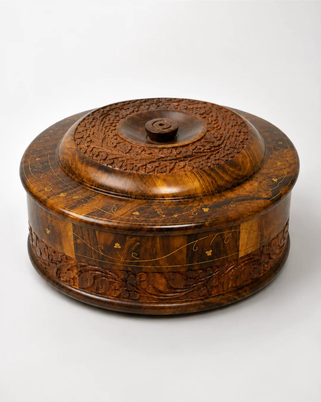 Handcrafted Wooden Chapati Hotpot — Hand-Carved Design with Brass Inlay Artwork