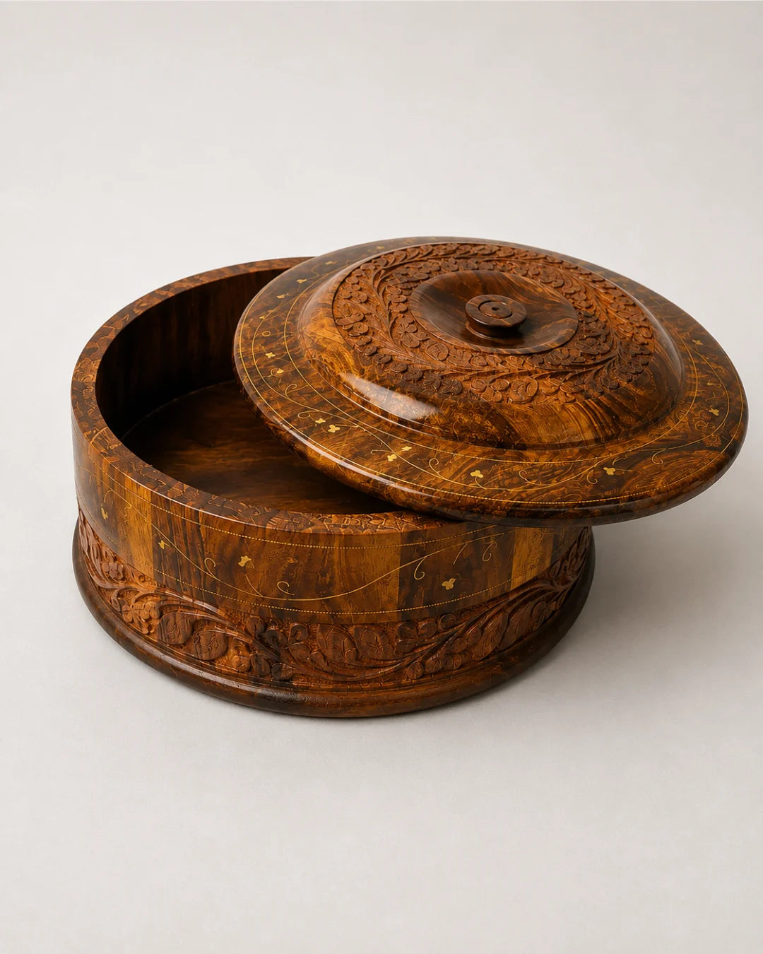 Handcrafted Wooden Chapati Hotpot — Hand-Carved Design with Brass Inlay Artwork