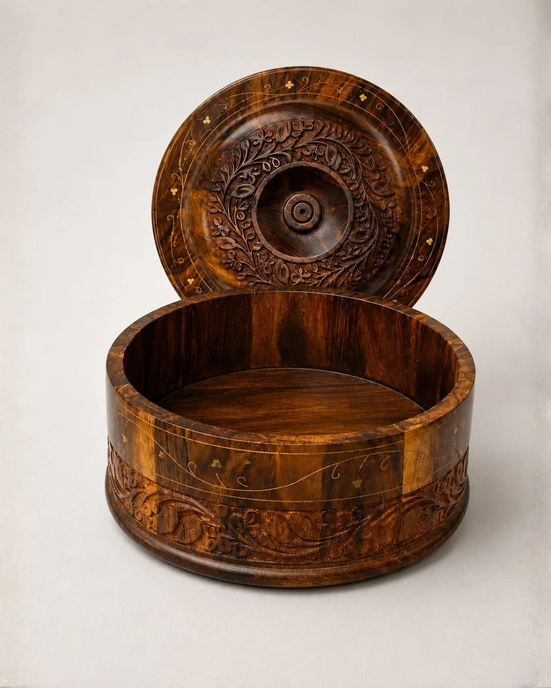 Handcrafted Wooden Chapati Hotpot — Hand-Carved Design with Brass Inlay Artwork