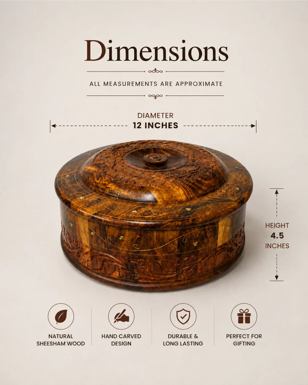 Handcrafted Wooden Chapati Hotpot — Hand-Carved Design with Brass Inlay Artwork
