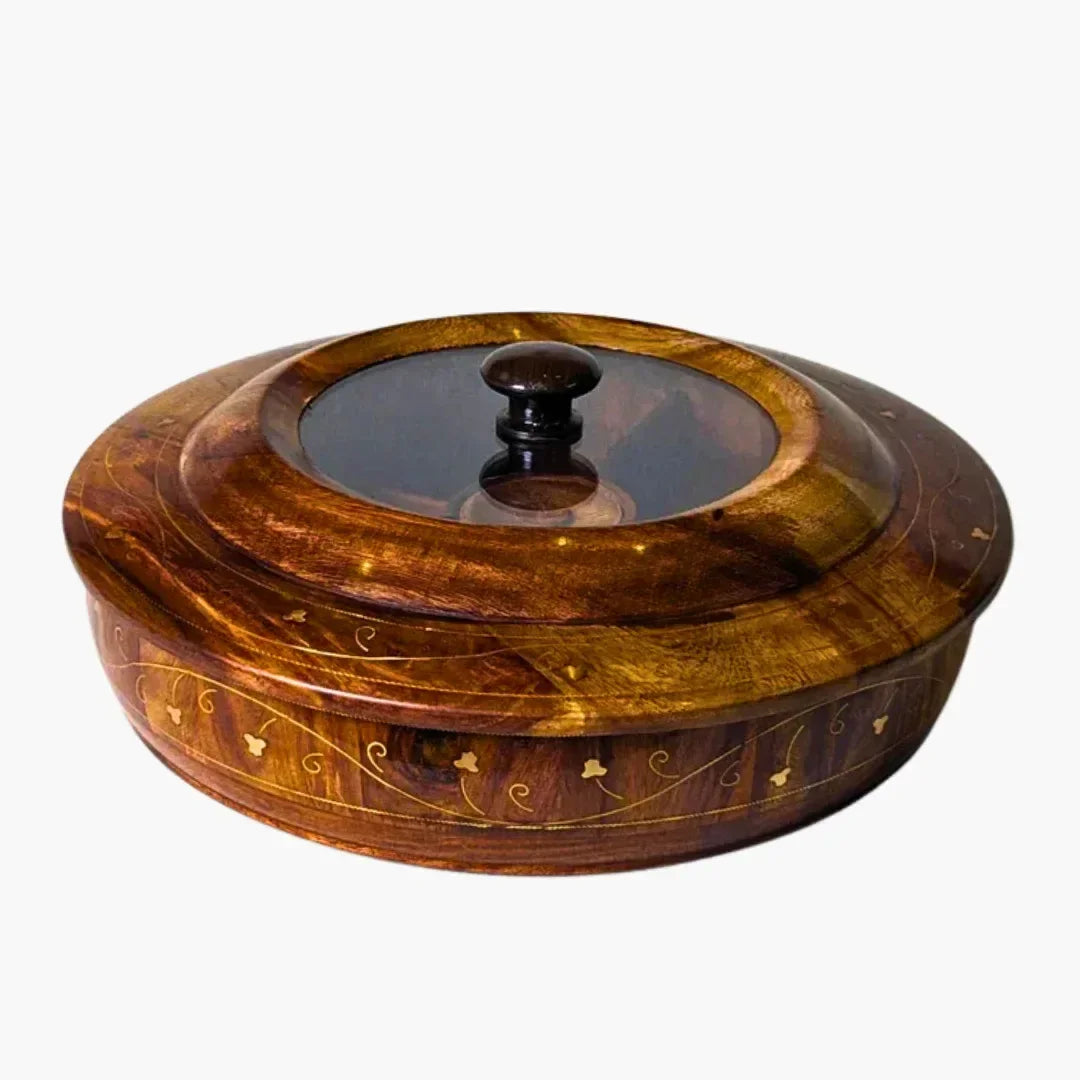 Wooden Dry Fruit Box with Glass Lid & Brass Art - Woodistan