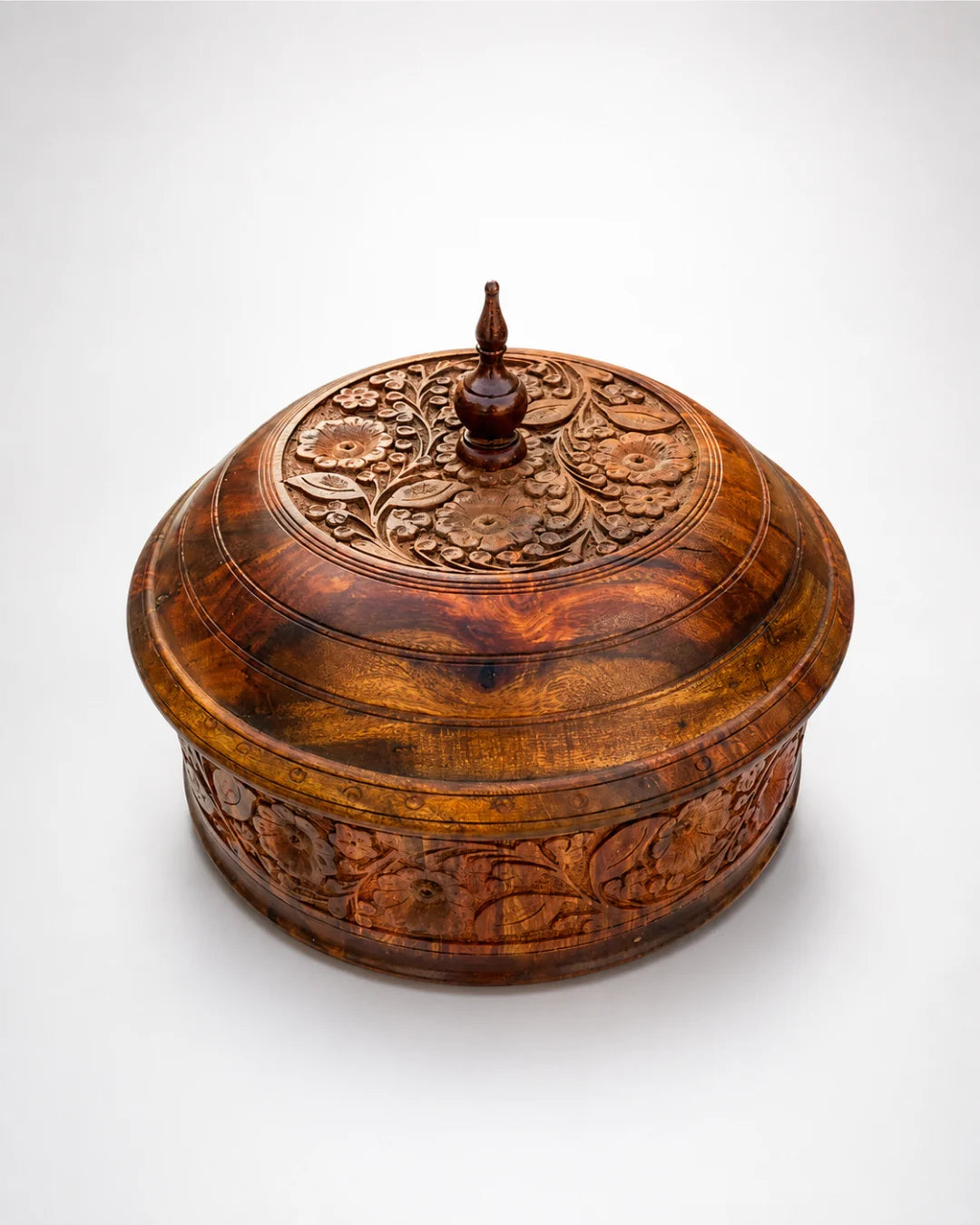 Rustic Handcrafted Wooden Hotpot — Hand-Carved Sheesham with Stainless Steel Inner Bowl
