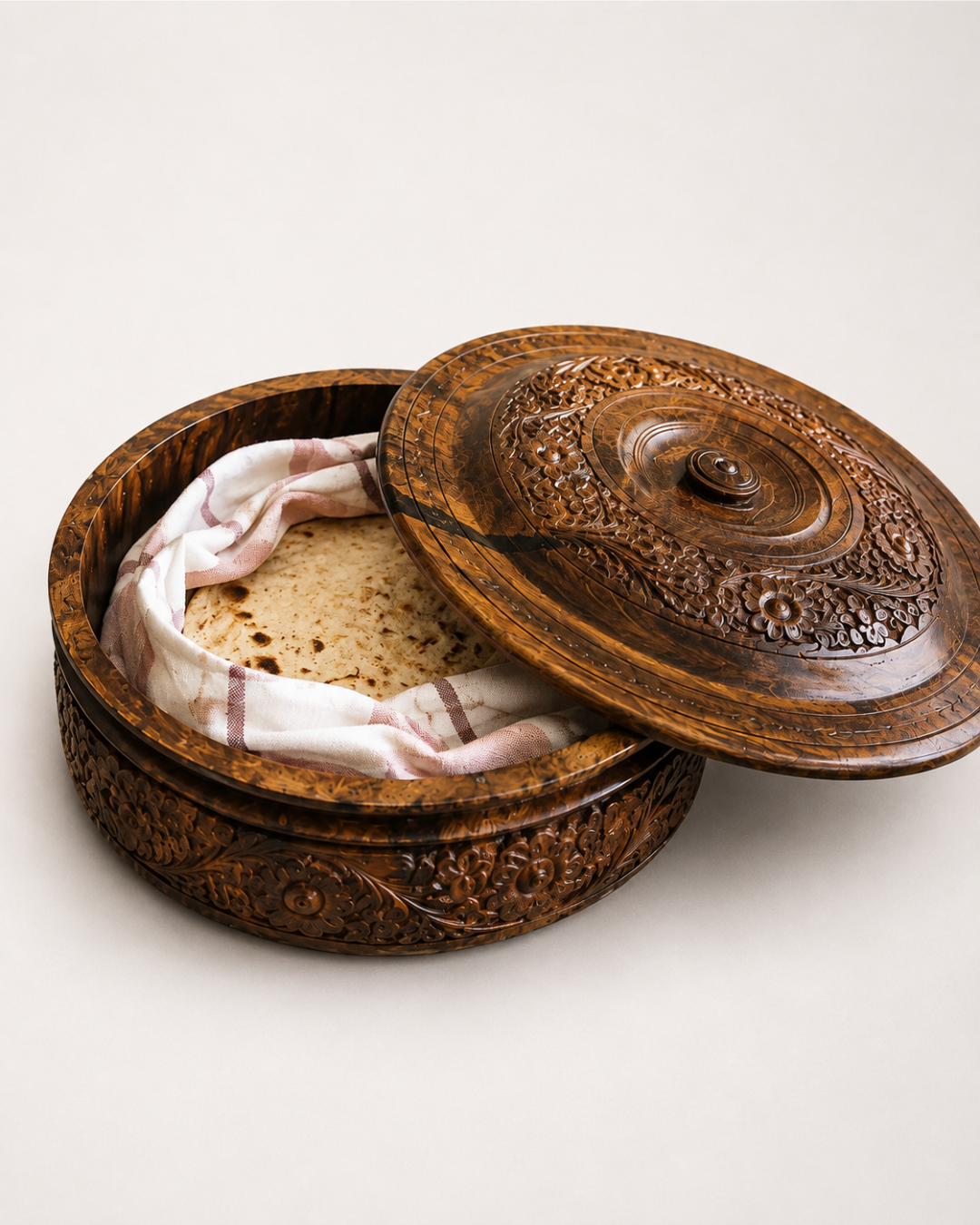 Handcrafted Wooden Chapati Hotpot — Detailed Hand-Carved Art, Keeps Rotis Warm Longer
