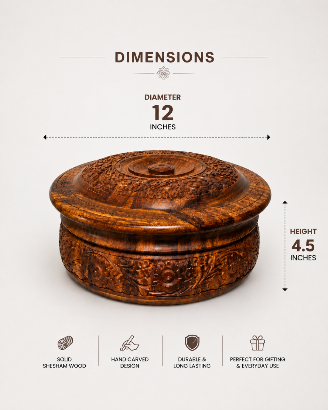Handcrafted Wooden Chapati Hotpot — Detailed Hand-Carved Art, Keeps Rotis Warm Longer