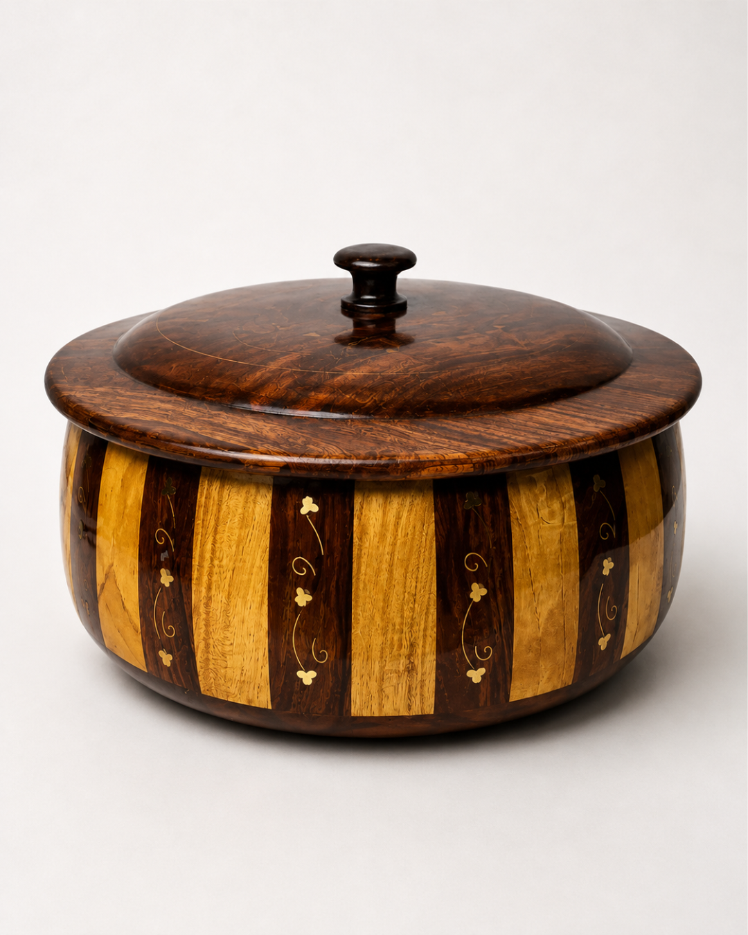 Handcrafted Wooden Striped Chapati Hotpot — Bold Stripe Pattern with Real Brass Artistry