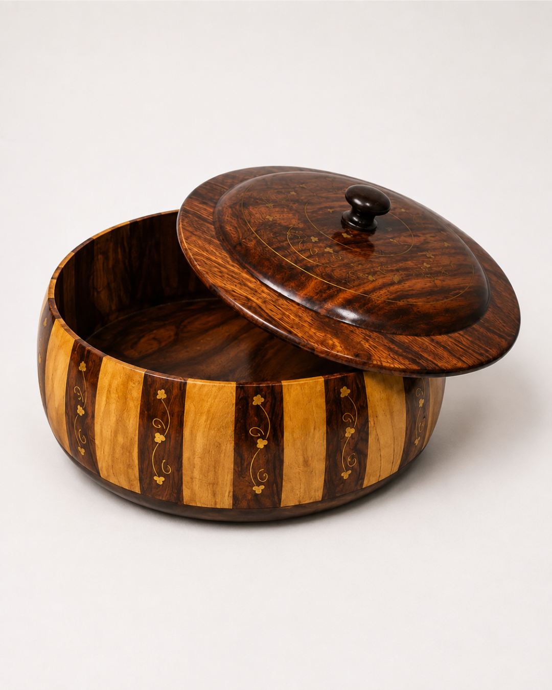 Handcrafted Wooden Striped Chapati Hotpot — Bold Stripe Pattern with Real Brass Artistry