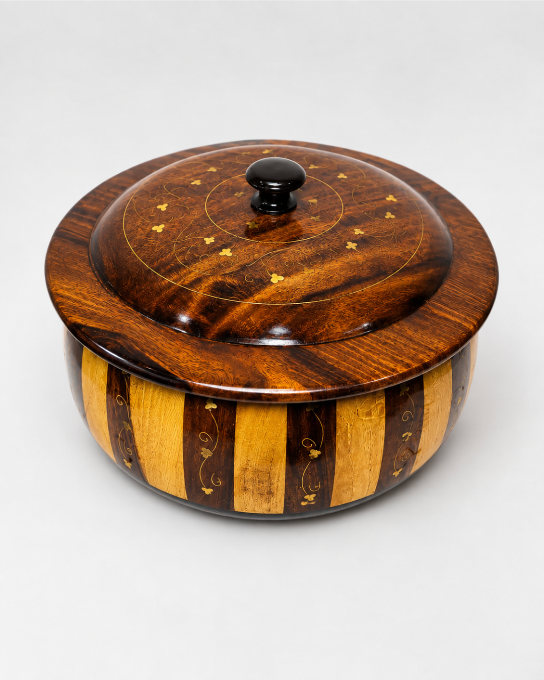 Handcrafted Wooden Striped Chapati Hotpot — Bold Stripe Pattern with Real Brass Artistry