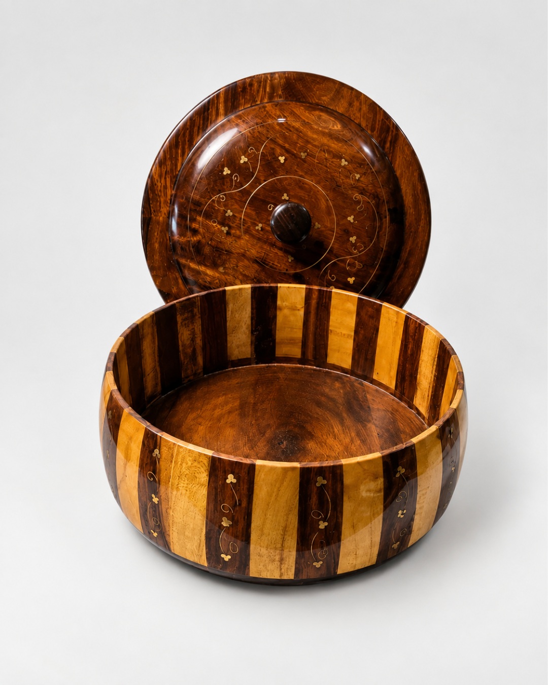Handcrafted Wooden Striped Chapati Hotpot — Bold Stripe Pattern with Real Brass Artistry