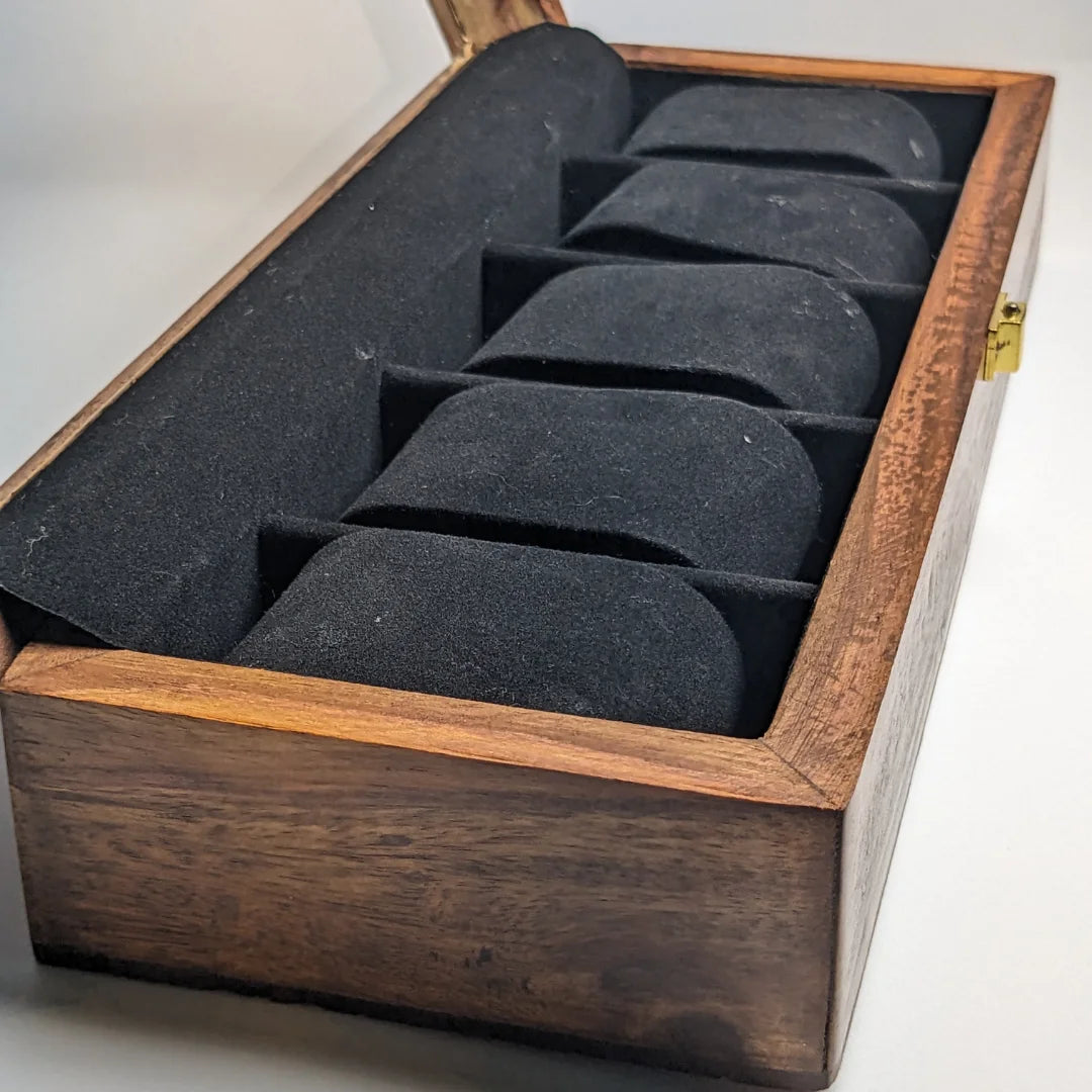 Wooden Watch Box with Glass Lid & Shape-Holding Cushions – Organizer for 5 Watches