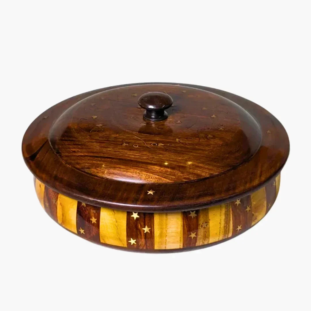 Handcrafted Striped Wooden Dry Fruit Box with Brass Art - Woodistan