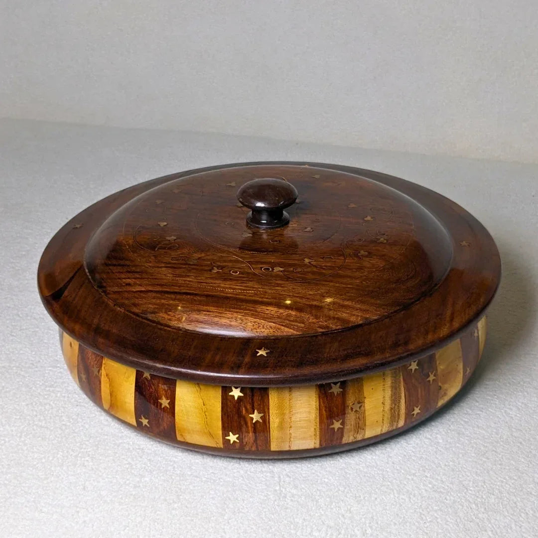 Handcrafted Striped Wooden Dry Fruit Box with Brass Art - Woodistan