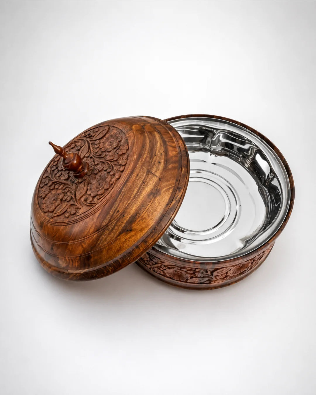 Rustic Handcrafted Wooden Hotpot — Hand-Carved Sheesham with Stainless Steel Inner Bowl