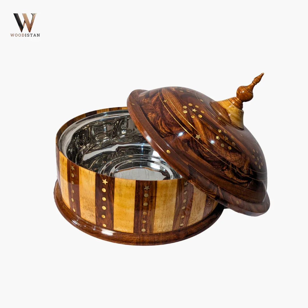 Handmade Wooden Dome Striped Hotpot with Steel Bowl - Woodistan