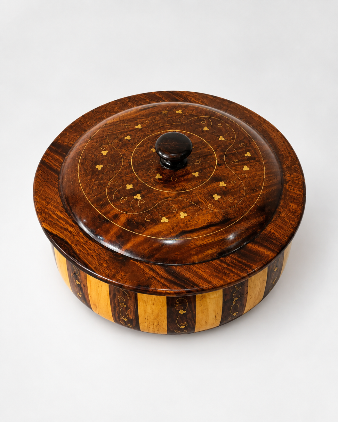 Handcrafted Wooden Striped Chapati Hotpot — Bold Stripe Pattern with Real Brass Artistry