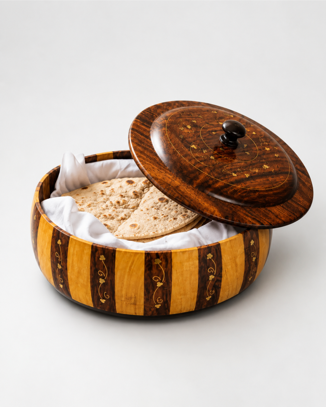 Handcrafted Wooden Striped Chapati Hotpot — Bold Stripe Pattern with Real Brass Artistry
