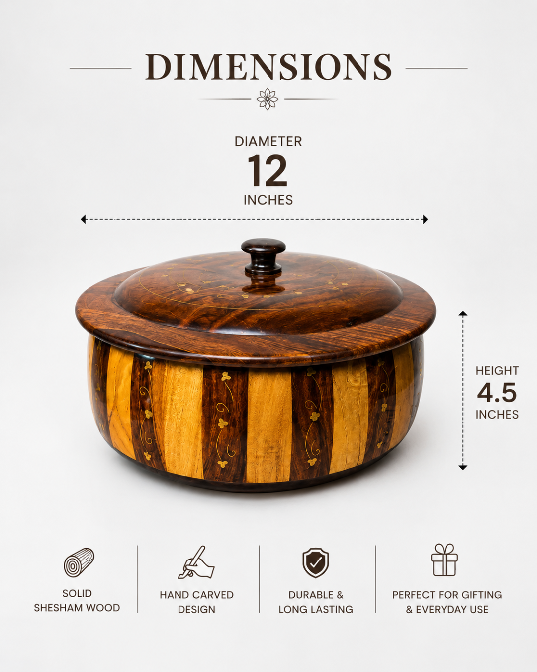 Handcrafted Wooden Striped Chapati Hotpot — Bold Stripe Pattern with Real Brass Artistry