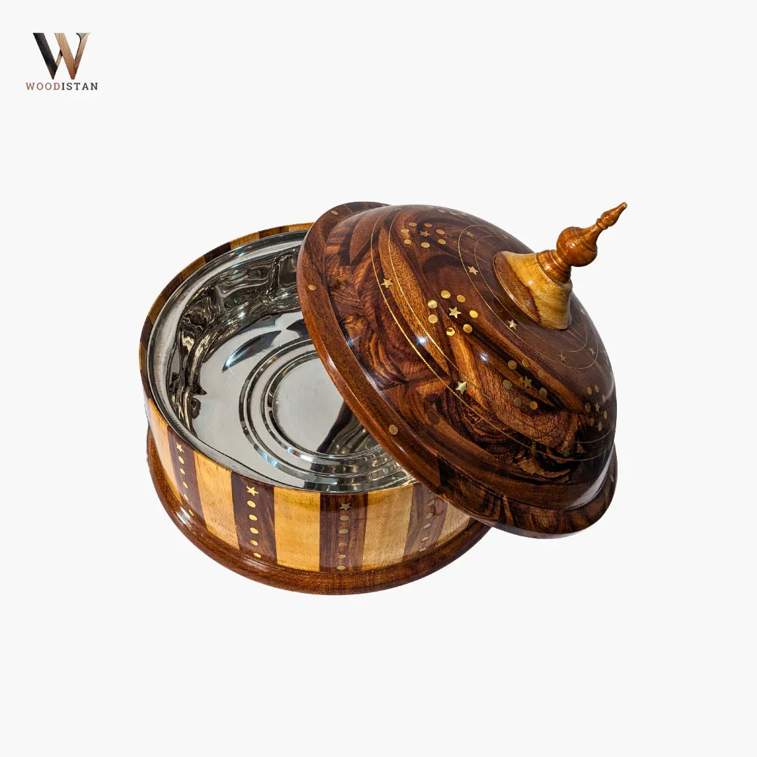 Handmade Wooden Dome Striped Hotpot with Steel Bowl - Woodistan