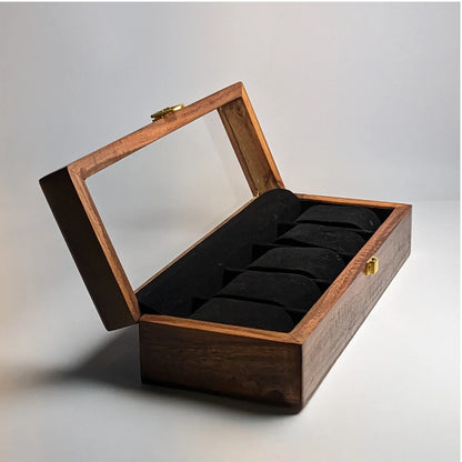 Wooden Watch Box with Glass Lid & Shape-Holding Cushions – Organizer for 5 Watches