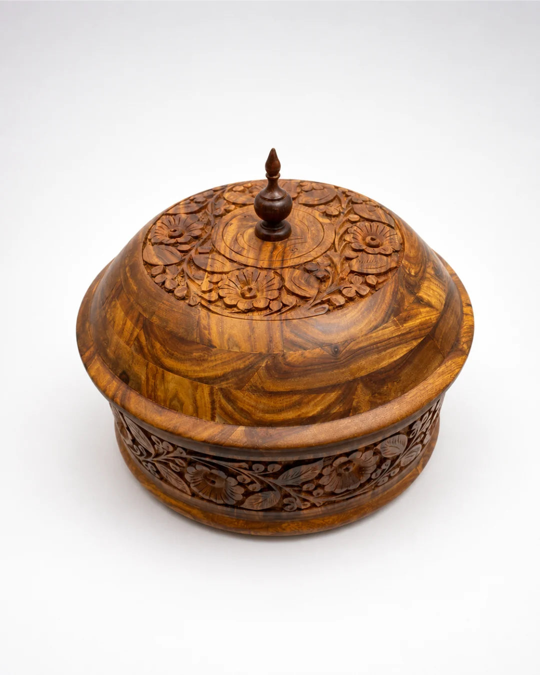 Rustic Handcrafted Wooden Hotpot — Hand-Carved Sheesham with Stainless Steel Inner Bowl