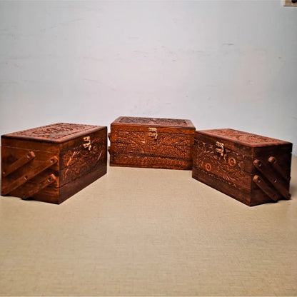 Set of 3 Hand Carved Wooden Jewelry Boxes - Timeless Elegance - Woodistan