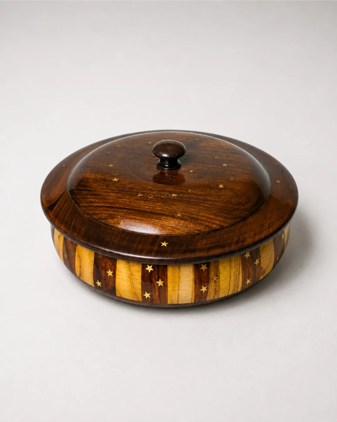 Handcrafted Striped Wooden Dry Fruit Box with Brass Art