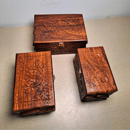 Set of 3 Hand Carved Wooden Jewelry Boxes - Timeless Elegance - Woodistan