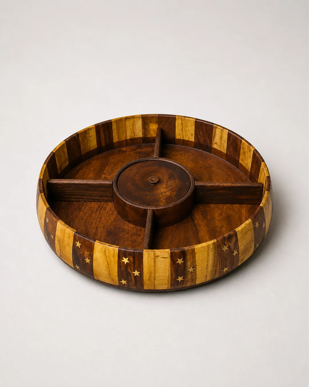 Handcrafted Striped Wooden Dry Fruit Box with Brass Art