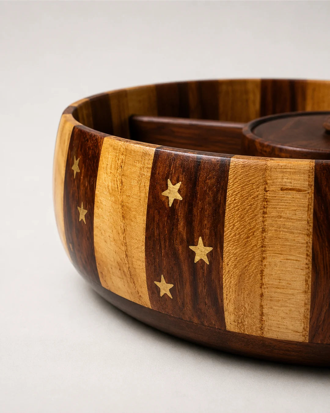 Handcrafted Striped Wooden Dry Fruit Box with Brass Art