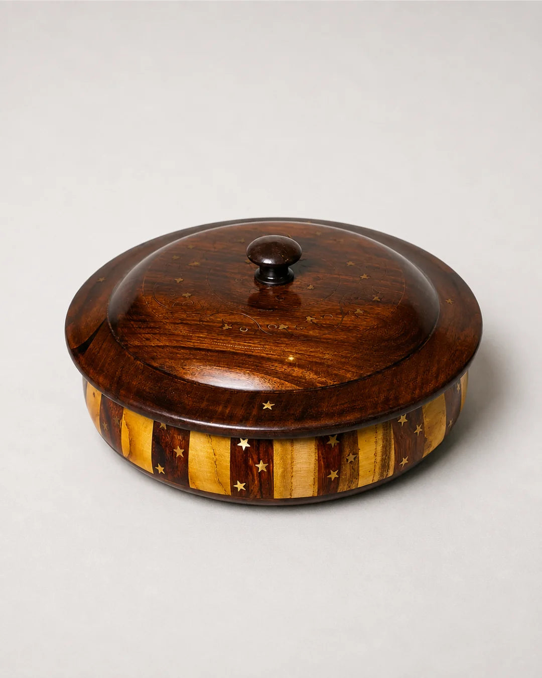 Handcrafted Striped Wooden Dry Fruit Box with Brass Art