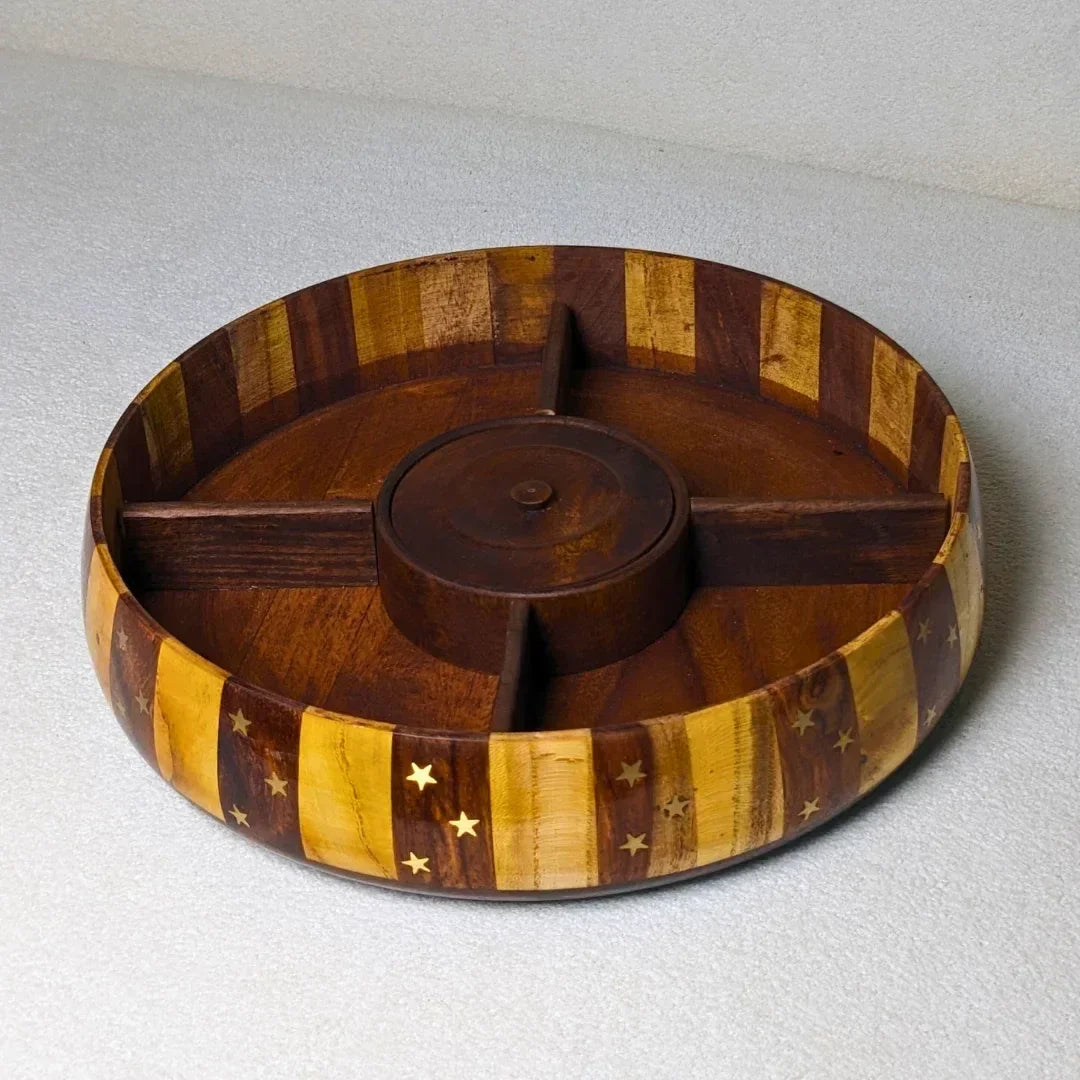 Handcrafted Striped Wooden Dry Fruit Box with Brass Art - Woodistan