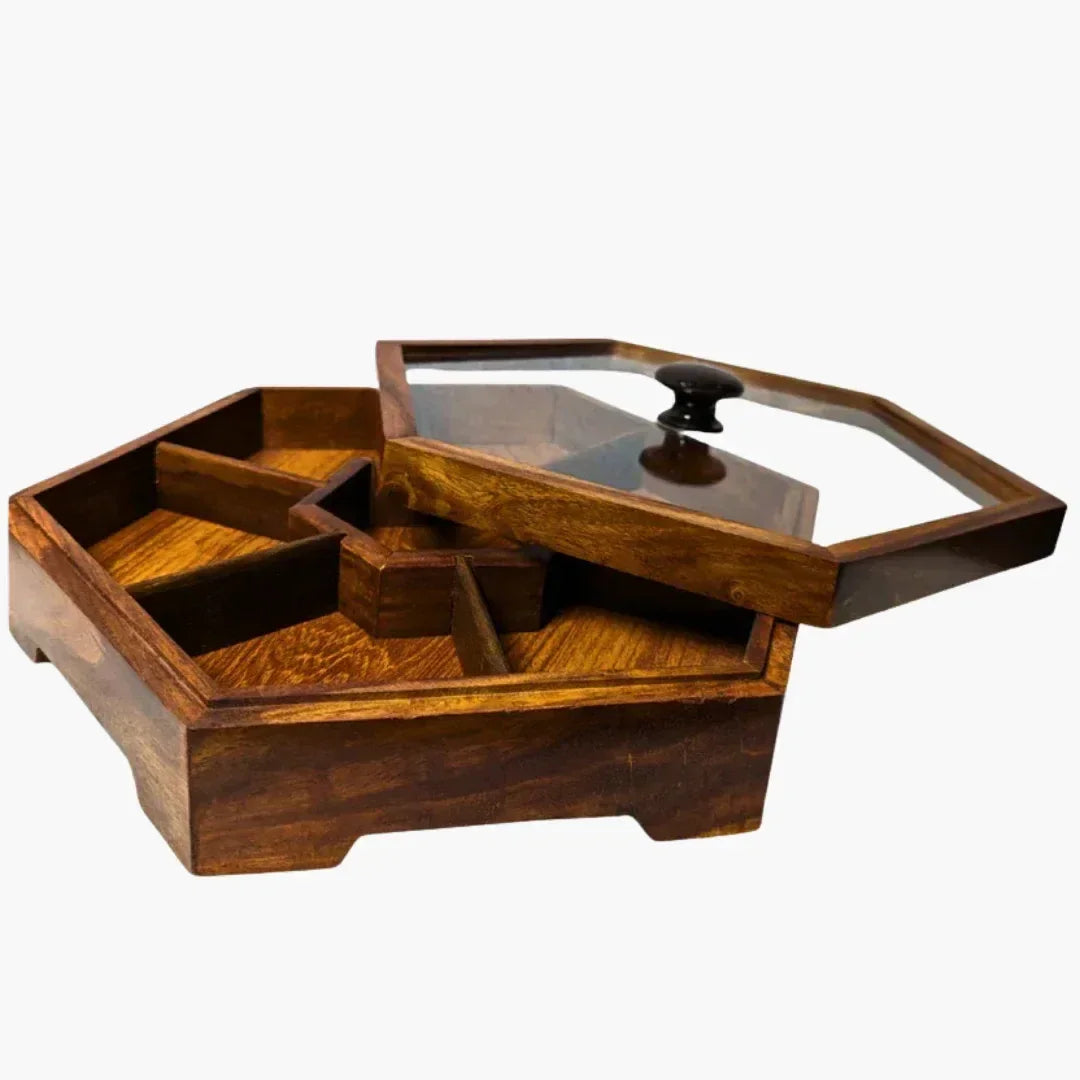 Handcrafted Wooden Dry Fruit Box with Glass Lid with 7 Compartments - Woodistan