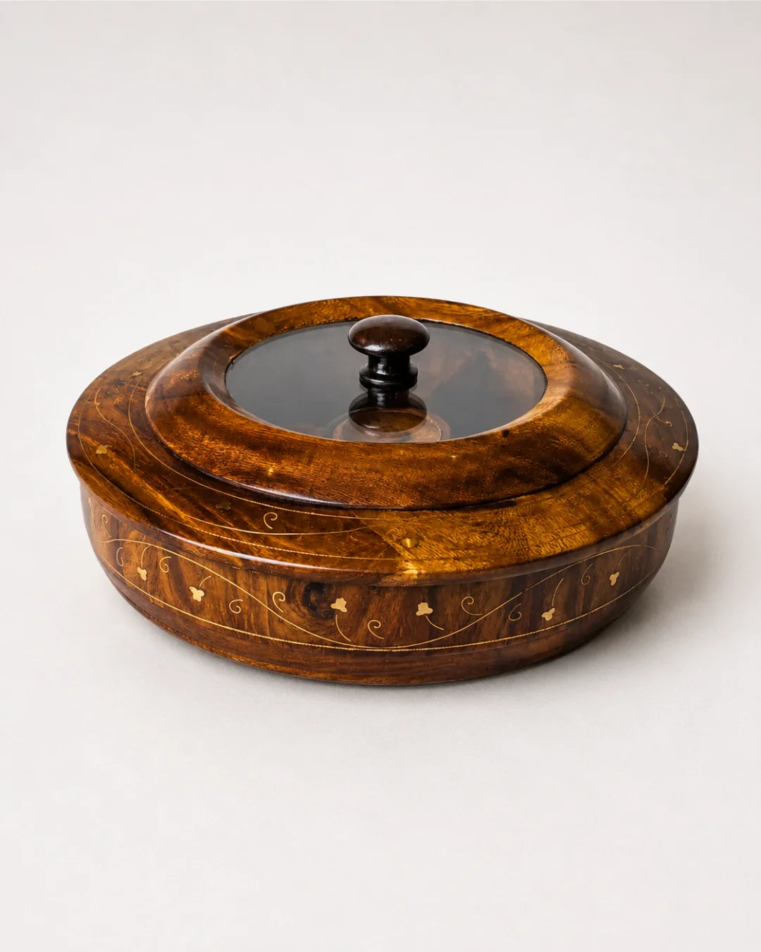 Wooden Dry Fruit Box with Glass Lid & Brass Art