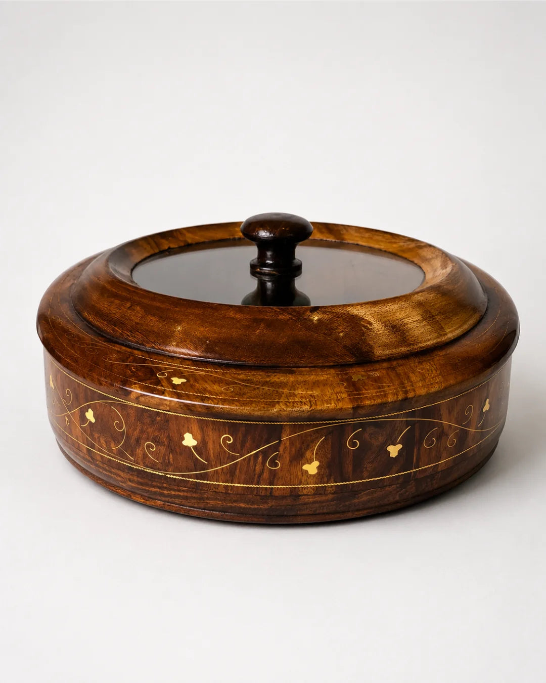 Wooden Dry Fruit Box with Glass Lid & Brass Art