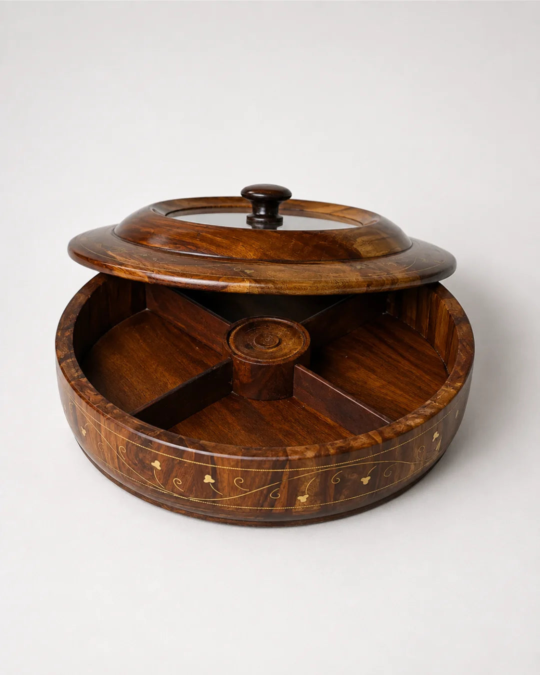 Wooden Dry Fruit Box with Glass Lid & Brass Art